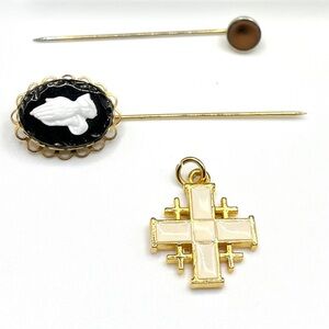 Lot of vintage gold tone cameo stick pins & Jerusalem cross pendant
